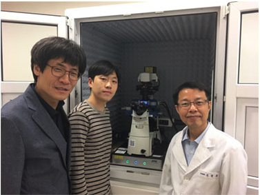  Professor Kyeong Kyu Kim with his graduate student, Mr Wanki Yoo, and lab manager, Dr Hyungchang Shin with their JPK NanoWizard® ULTRA Speed AFM at SKKU in Korea