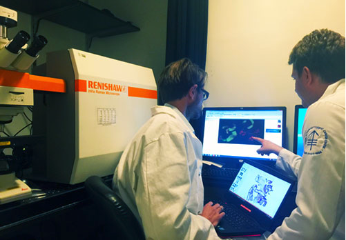 Postdoctoral fellow, Anton Oseledchyk, MD, with head of the laboratory, Dr Moritz Kircher, of Memorial Sloan Kettering Cancer Centre with their Renishaw inVia Raman microscope