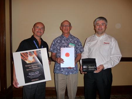 The inaugural Winter Conference Award in Plasma Spectrochemistry was presented to Ramon Barnes PhD (middle) at the Winter Conference on Plasma Spectrochemistry in January, 2010 by Gary M. Hieftje, Indiana University (left), and Lothar Rottmann, Thermo Fisher Scientific (right).
